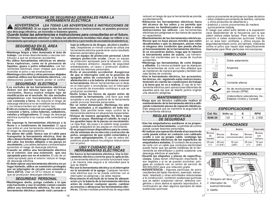 Milwaukee 0240-20 Seguridad EN EL Área DE Trabajo, Seguridad Eléctrica, Seguridad Personal, Mantenimiento, Simbología 