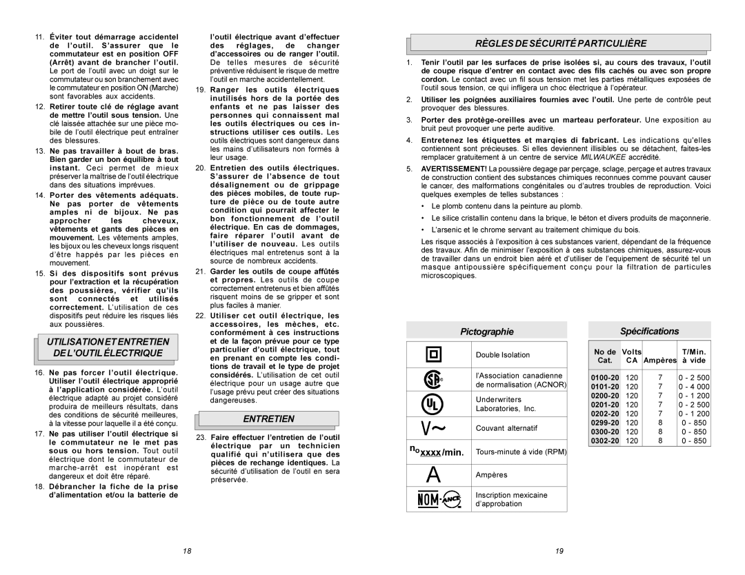 Milwaukee 0299-20, 0300-20, 0302-20 Règlesdesécuritéparticulière, Utilisationetentretien DEL’OUTILÉLECTRIQUE, Entretien 