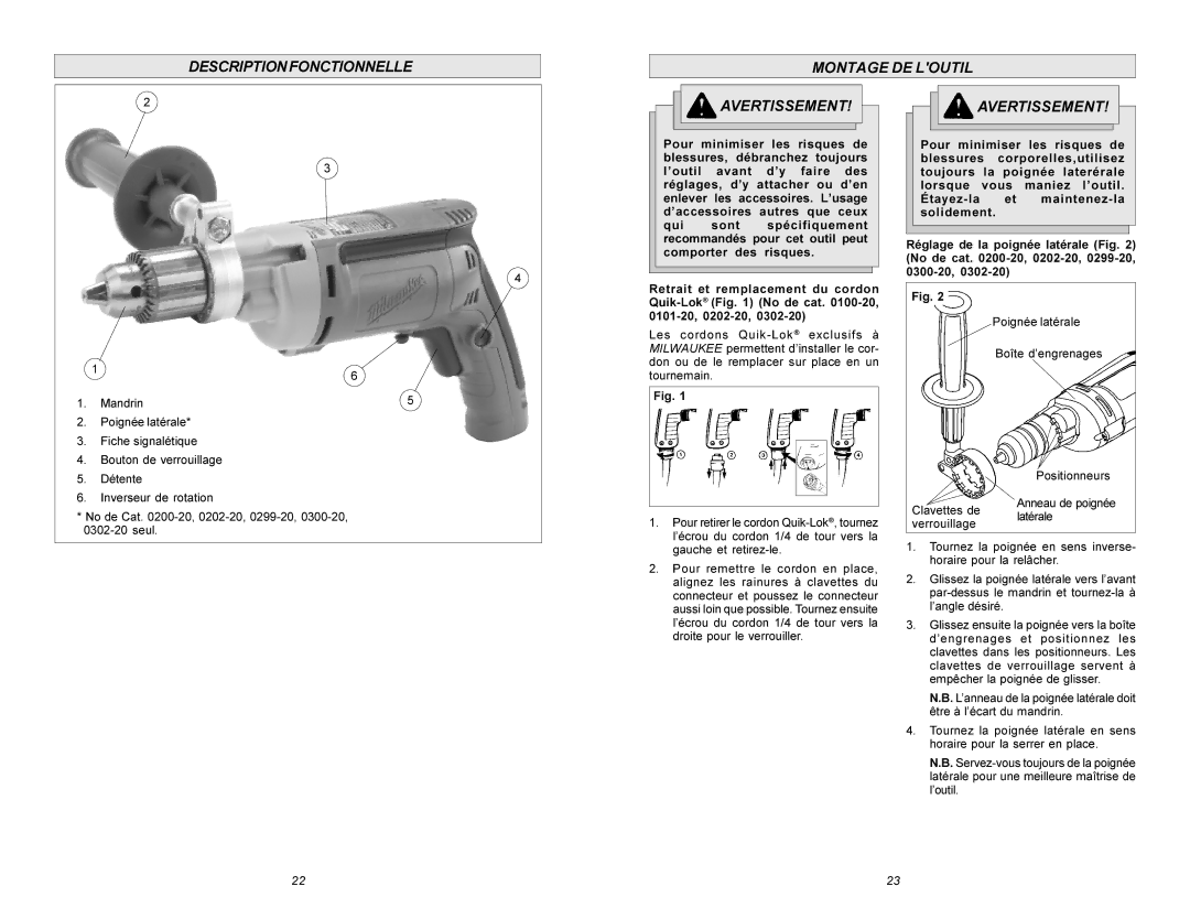 Milwaukee 0101-20, 0300-20, 0302-20, 0299-20, 0100-20, 0200-20 manual Descriptionfonctionnelle Montage DE Loutil Avertissement 