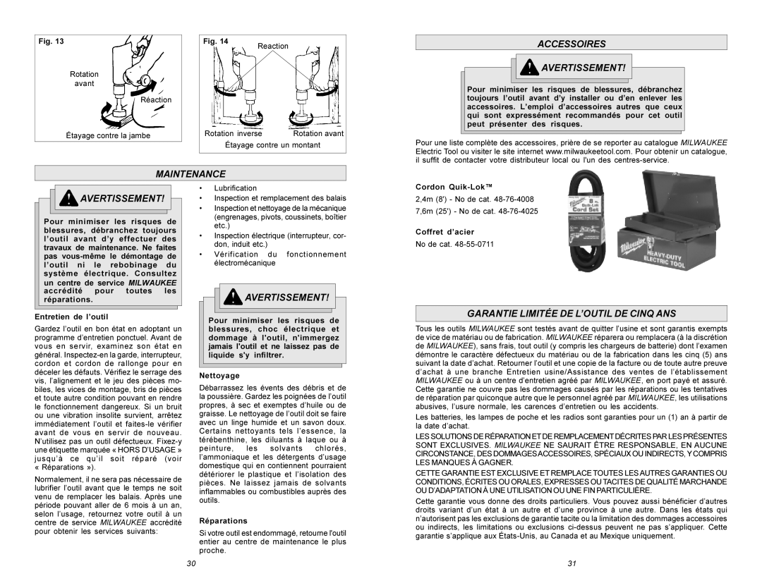 Milwaukee 0300-20, 0302-20 Accessoires Avertissement, Maintenance Avertissement, Garantie Limitée DE L’OUTIL DE Cinq ANS 