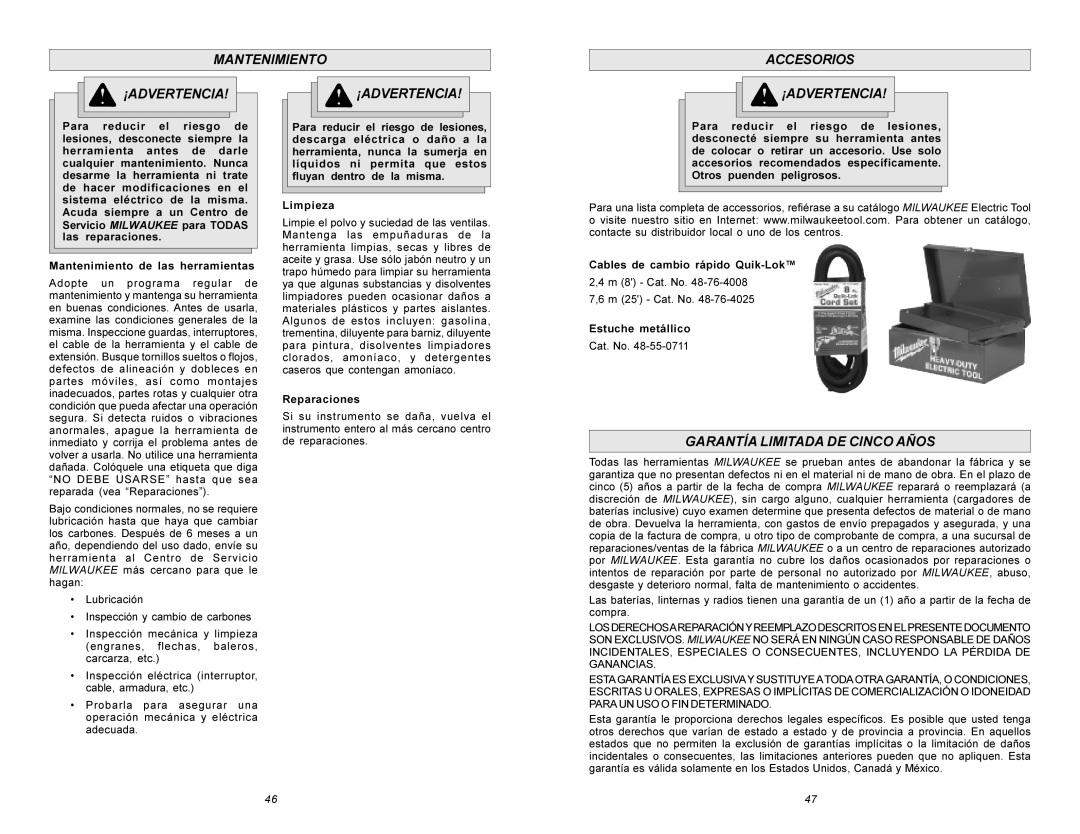 Milwaukee 0300-20 Mantenimiento Accesorios ¡ADVERTENCIA, Garantía Limitada DE Cinco Años, Reparaciones, Estuche metállico 