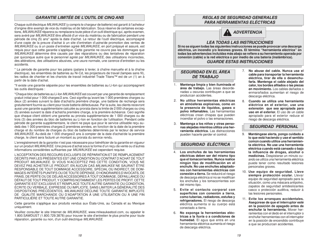 Milwaukee 0370-20 Garantie Limitée DE L’OUTIL DE Cinq ANS, Guarde Estas Instrucciones, Seguridad EN EL Área DE Trabajo 