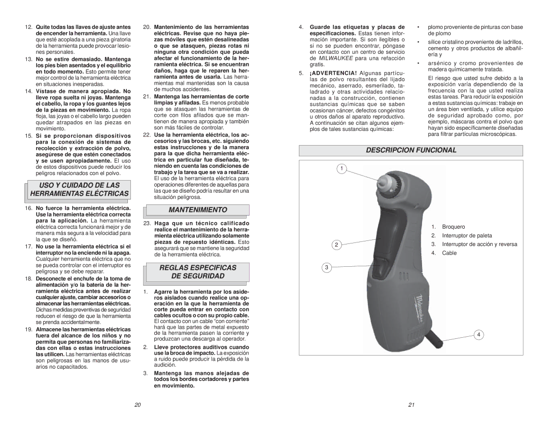 Milwaukee 0370-20 manual USO Y Cuidado DE LAS Herramientas Eléctricas, Mantenimiento, Reglas Especificas DE Seguridad 