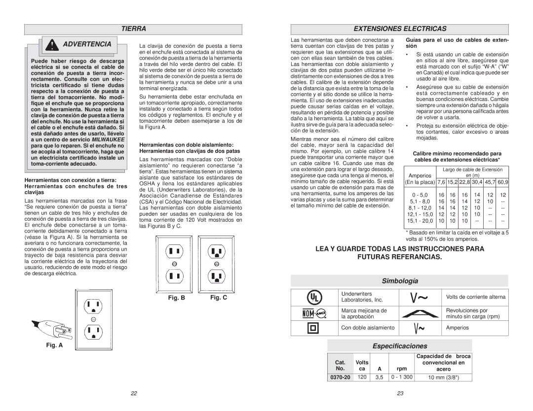 Milwaukee 0370-20 manual Tierra Extensiones Electricas Advertencia, Simbología, Especiﬁcaciones 