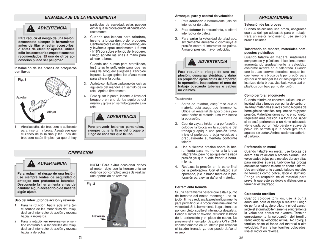 Milwaukee 0370-20 manual Ensamblaje DE LA Herramienta, Applicaciones Advertencia, Operacion, Adelante 