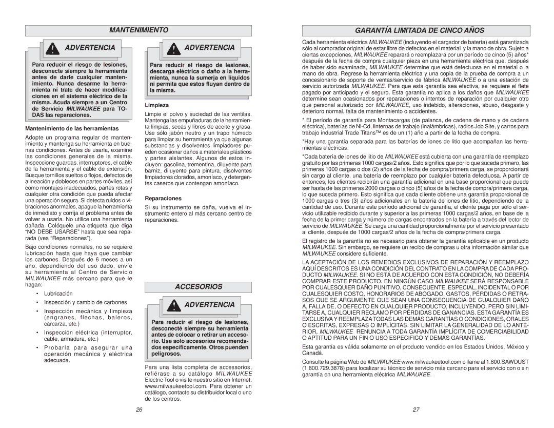 Milwaukee 0370-20 manual Mantenimiento Garantía Limitada DE Cinco Años Advertencia, Accesorios Advertencia, Reparaciones 