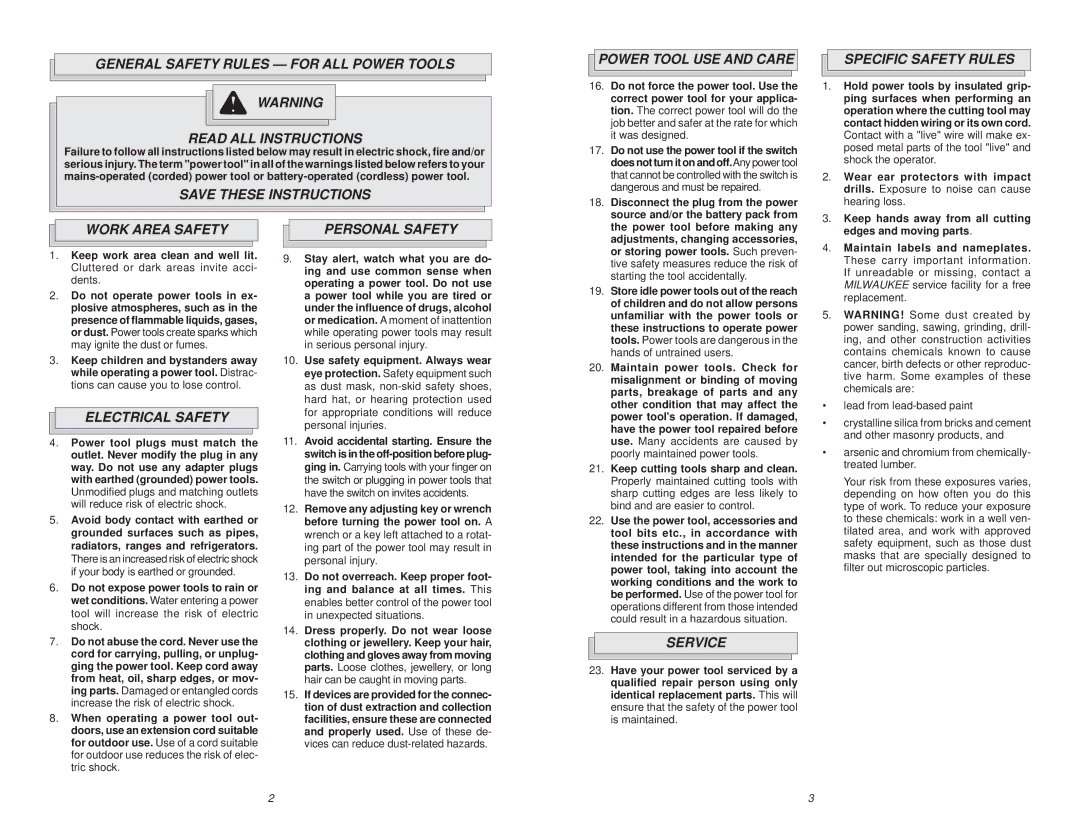 Milwaukee 0370-20 Power Tool USE and Care, Specific Safety Rules, Work Area Safety, Electrical Safety Personal Safety 