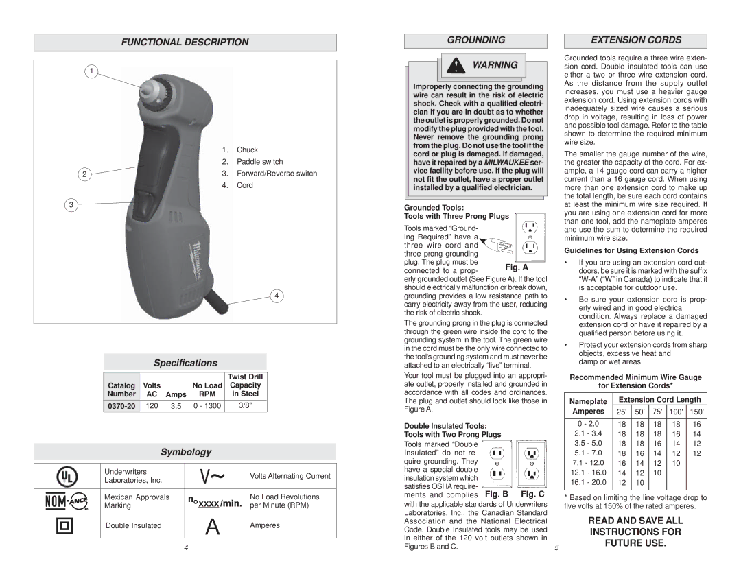 Milwaukee 0370-20 manual Functional Description, Speciﬁcations, Symbology, Grounding, Extension Cords 