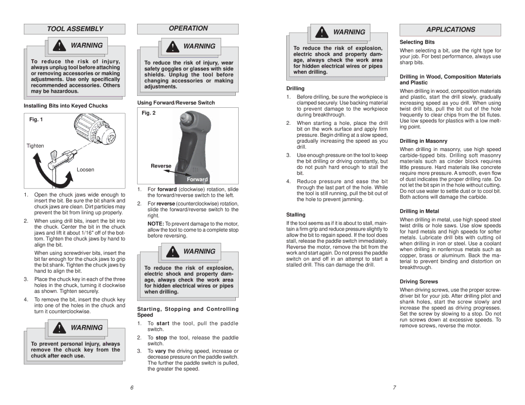 Milwaukee 0370-20 manual Tool Assembly, Operation, Applications, Forward 