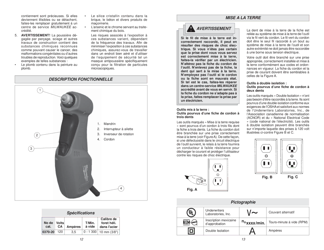 Milwaukee 0370-20 manual Mise a LA Terre, Description Fonctionnelle, Spéciﬁcations, Pictographie 