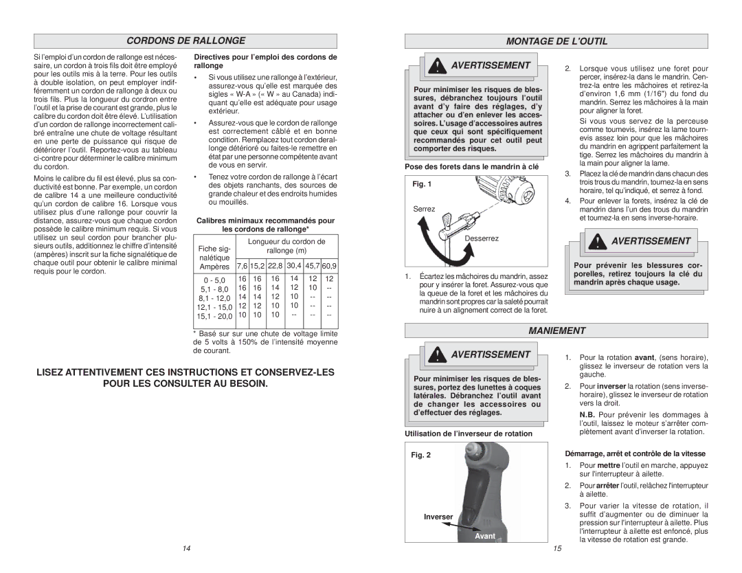 Milwaukee 0370-20 manual Cordons DE Rallonge Montage DE Loutil, Maniement, Avant 