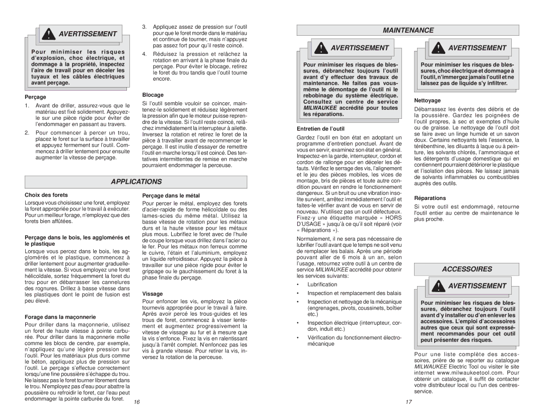 Milwaukee 0370-20 manual Maintenance, Accessoires Avertissement 