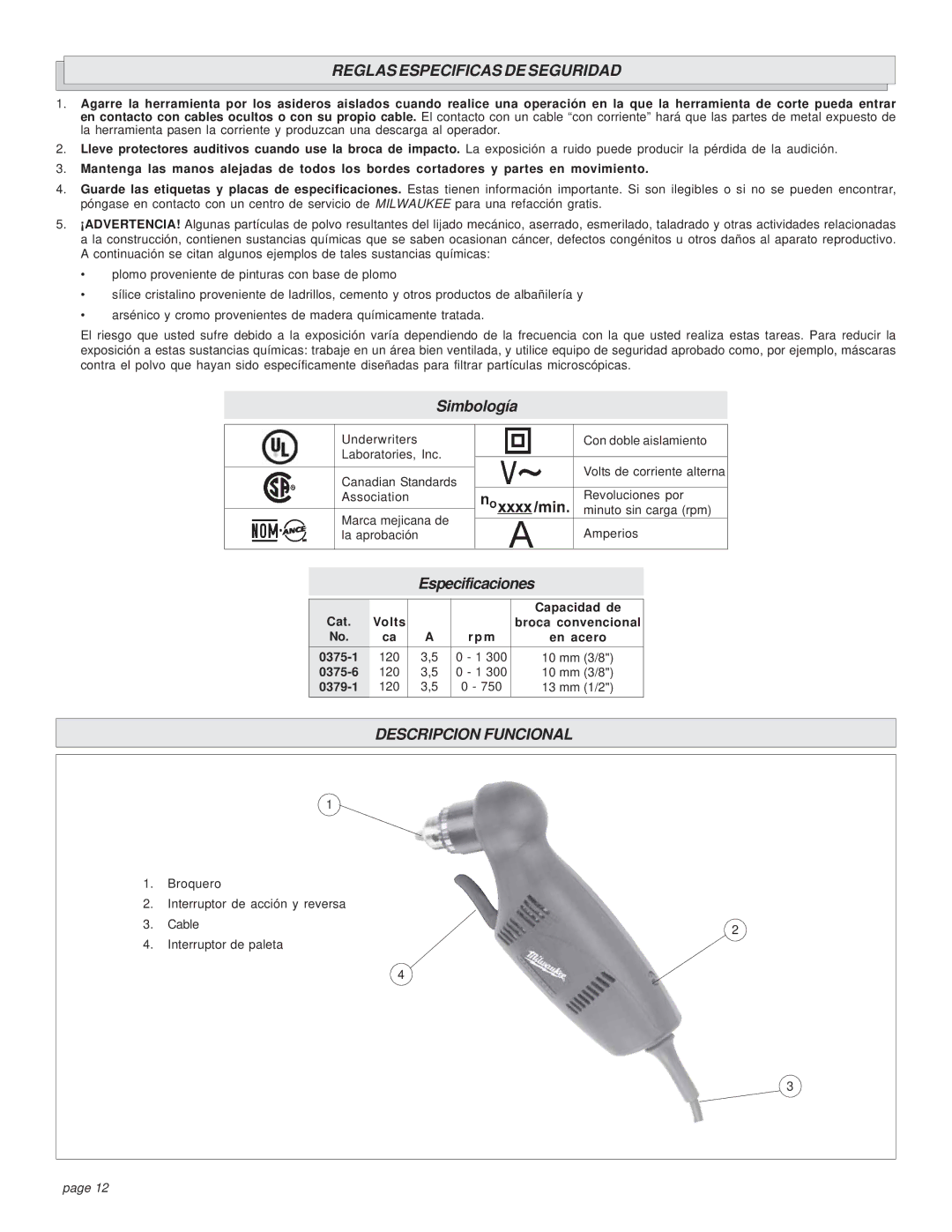 Milwaukee 0379-1, 0375-6, 0375-1 manual Reglas Especificas DE Seguridad, Descripcion Funcional 