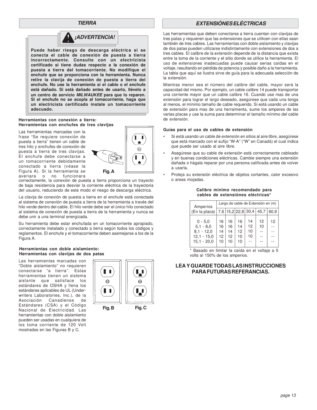 Milwaukee 0375-6, 0379-1, 0375-1 manual Tierra ¡ADVERTENCIA, Extensiónes Eléctricas, Guías para el uso de cables de extensión 