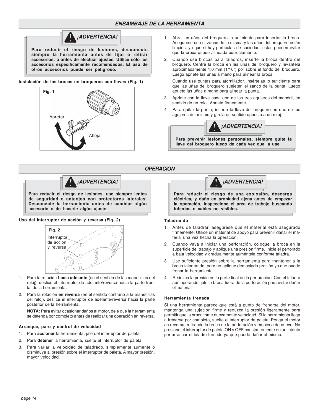 Milwaukee 0375-1 Ensambaje DE LA Herramienta ¡ADVERTENCIA, Operacion ¡ADVERTENCIA, Arranque, paro y control de velocidad 