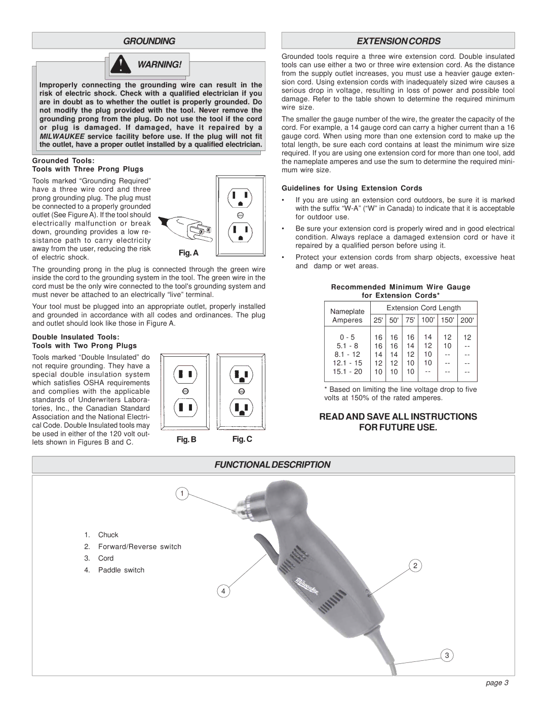 Milwaukee 0379-1, 0375-6, 0375-1 manual Grounding, Extensioncords, Functionaldescription 