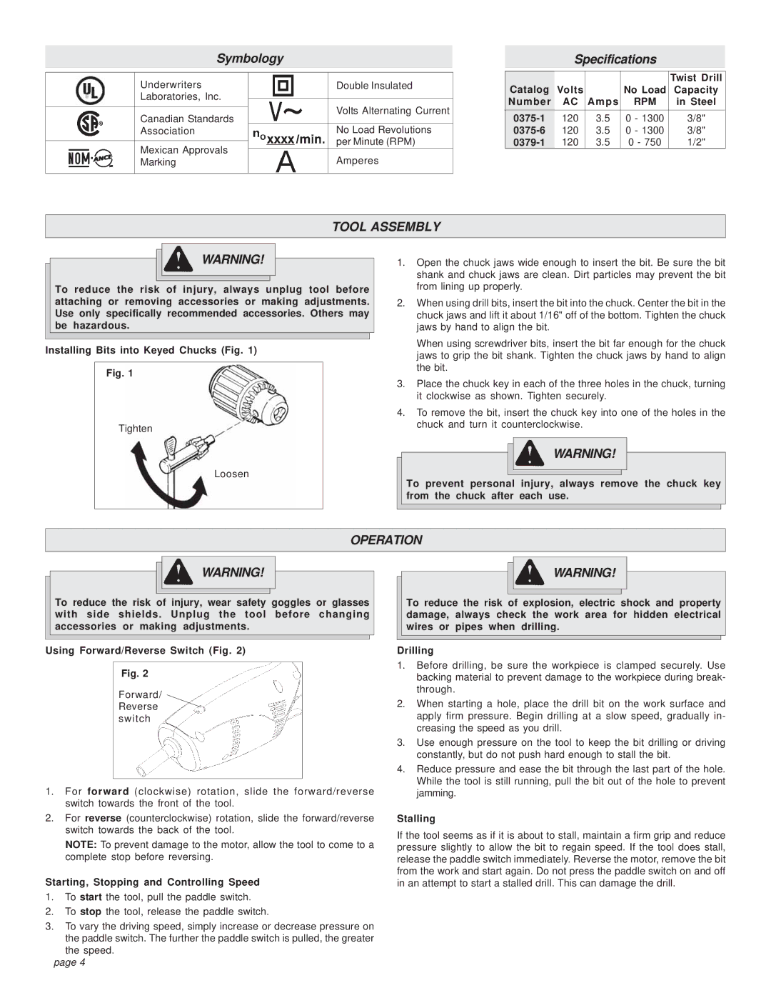 Milwaukee 0375-6, 0379-1, 0375-1 manual Tool Assembly, Operation 