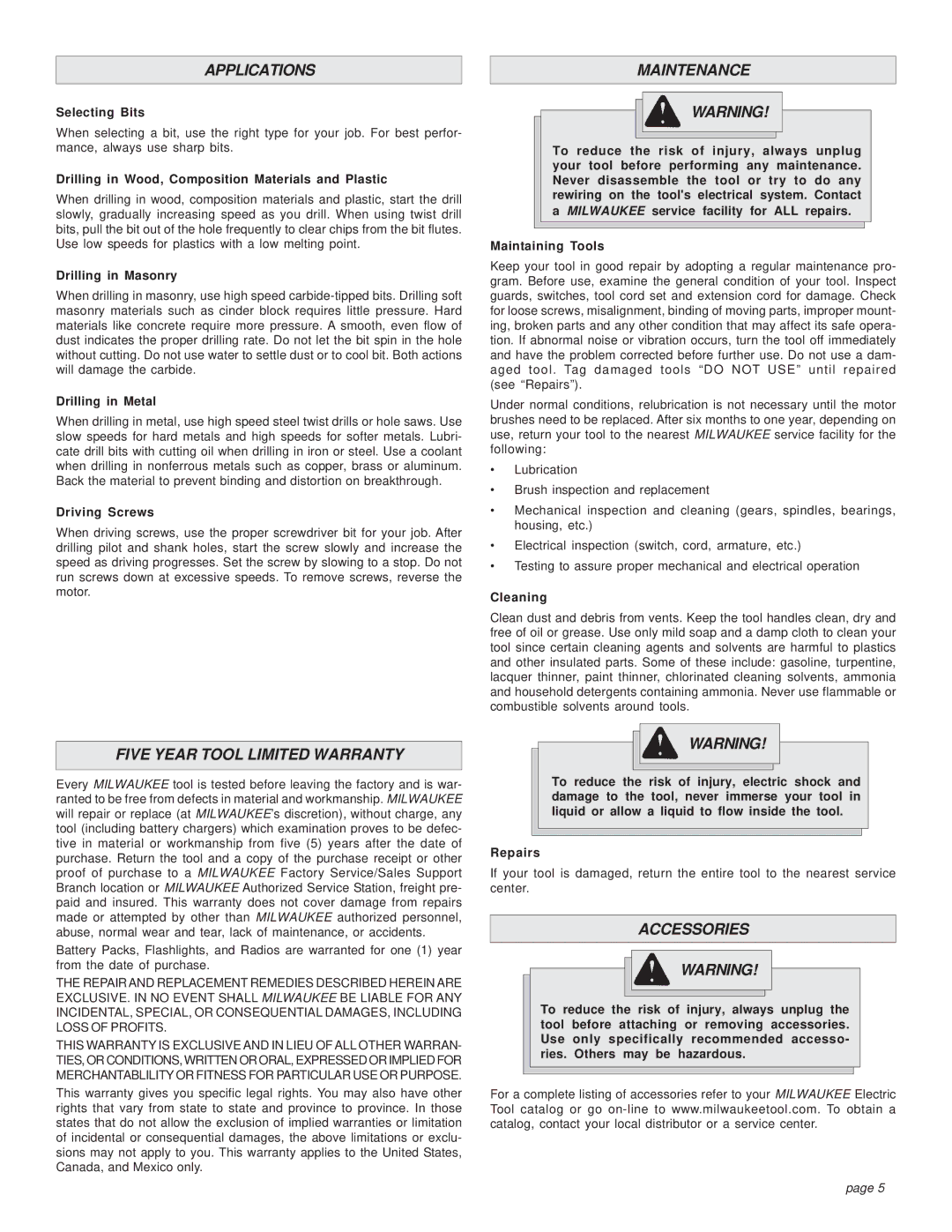 Milwaukee 0375-1, 0379-1, 0375-6 manual Applications, Maintenance, Five Year Tool Limited Warranty, Accessories 