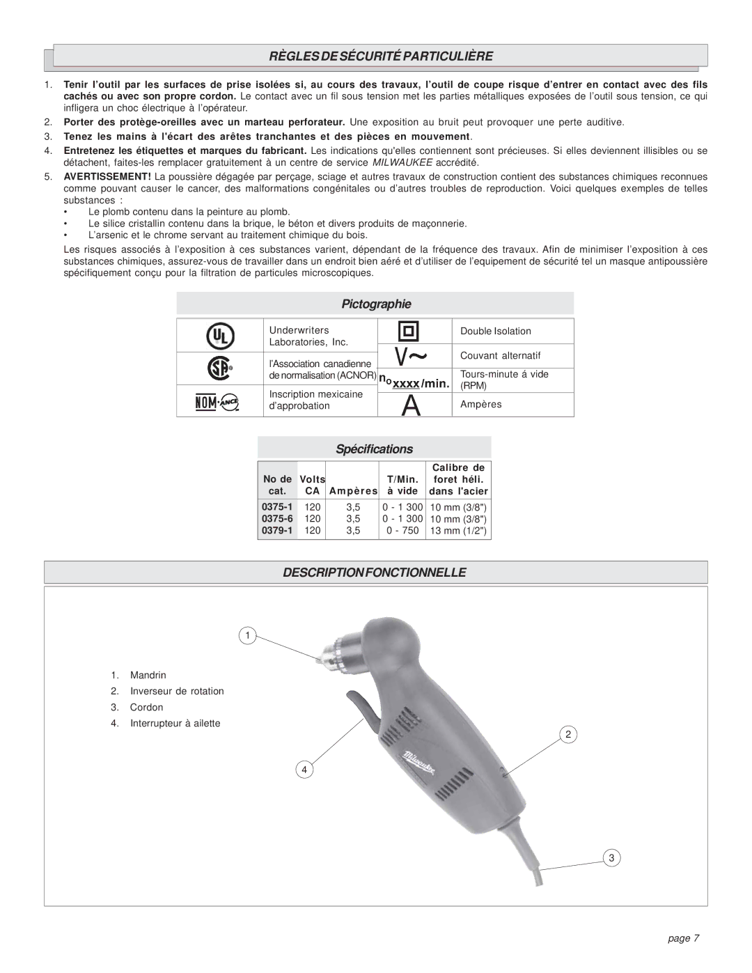 Milwaukee 0375-6, 0379-1, 0375-1 manual Règles DE Sécurité Particulière, Descriptionfonctionnelle 