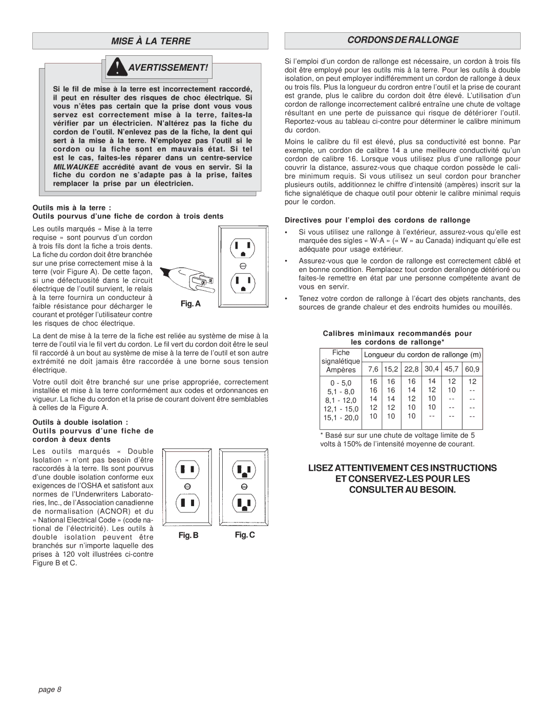 Milwaukee 0375-1 Mise À LA Terre Avertissement, Cordons DE Rallonge, Directives pour l’emploi des cordons de rallonge 