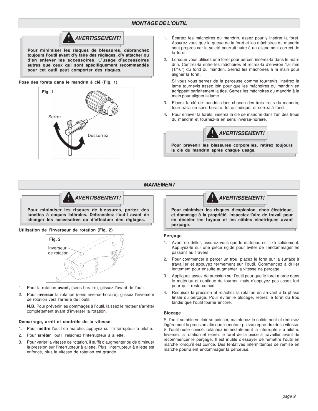 Milwaukee 0379-1 manual Montage DE Loutil Avertissement, Maniement Avertissement, Pose des forets dans le mandrin à clé Fig 