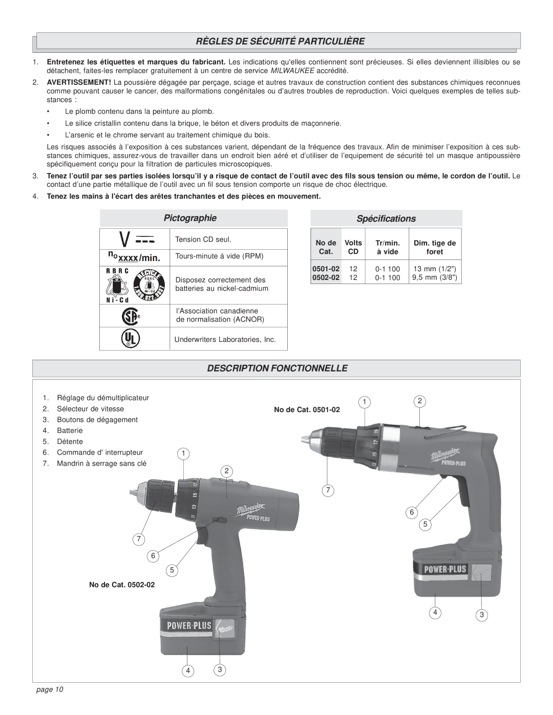 Milwaukee 0501-02 Règles DE Sécurité Particulière, Description Fonctionnelle, No de Volts Tr/min Dim. tige de, No de Cat 