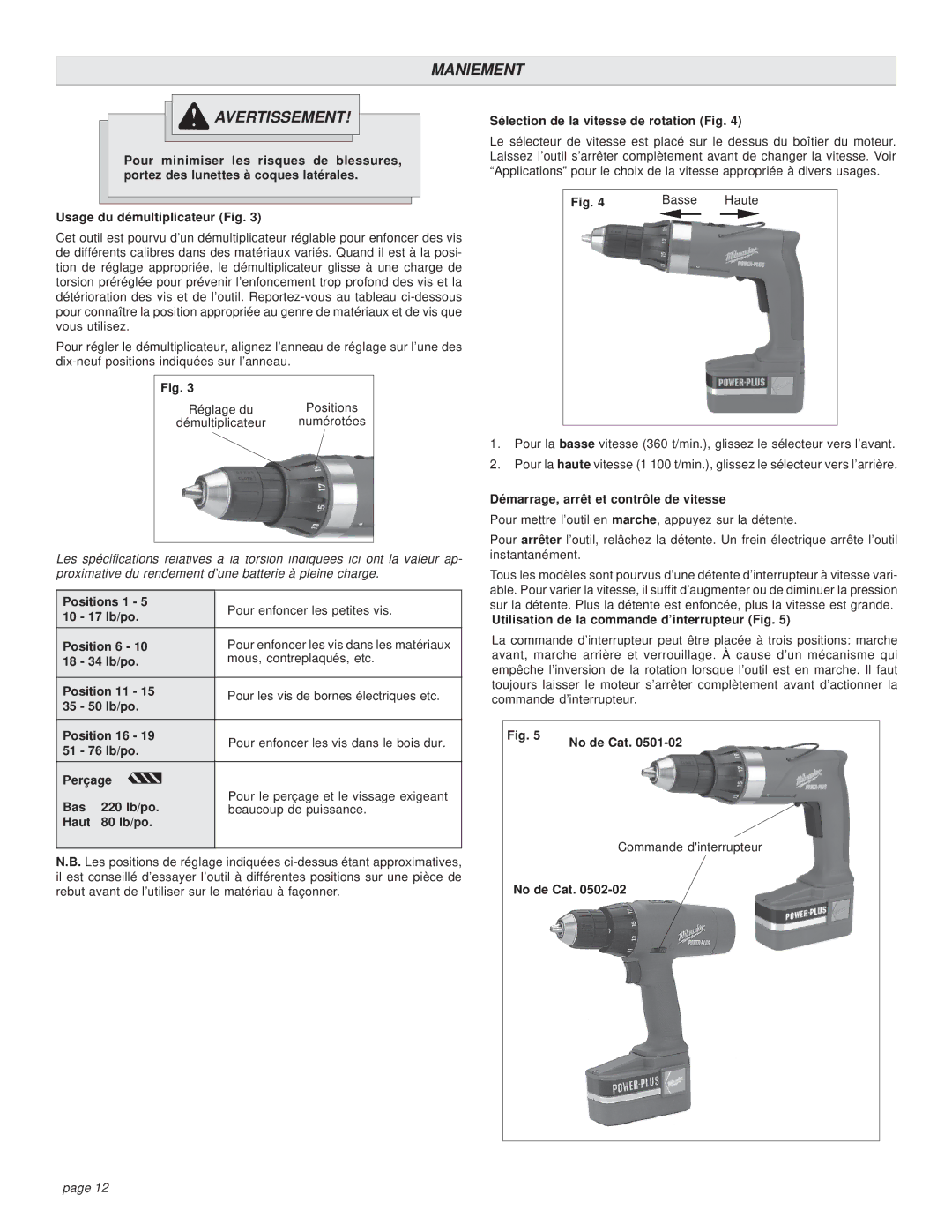 Milwaukee 0501-02 manual Maniement Avertissement, Sélection de la vitesse de rotation Fig 