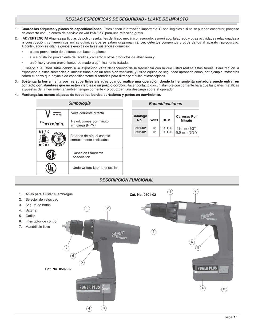 Milwaukee 0501-02 manual Reglas Especificas DE Seguridad Llave DE Impacto, Descripción Funcional, Catálogo Carreras Por 