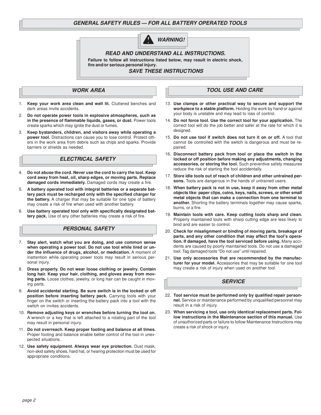 Milwaukee 0501-02 manual Work Area Tool USE and Care, Electrical Safety, Personal Safety, Service 