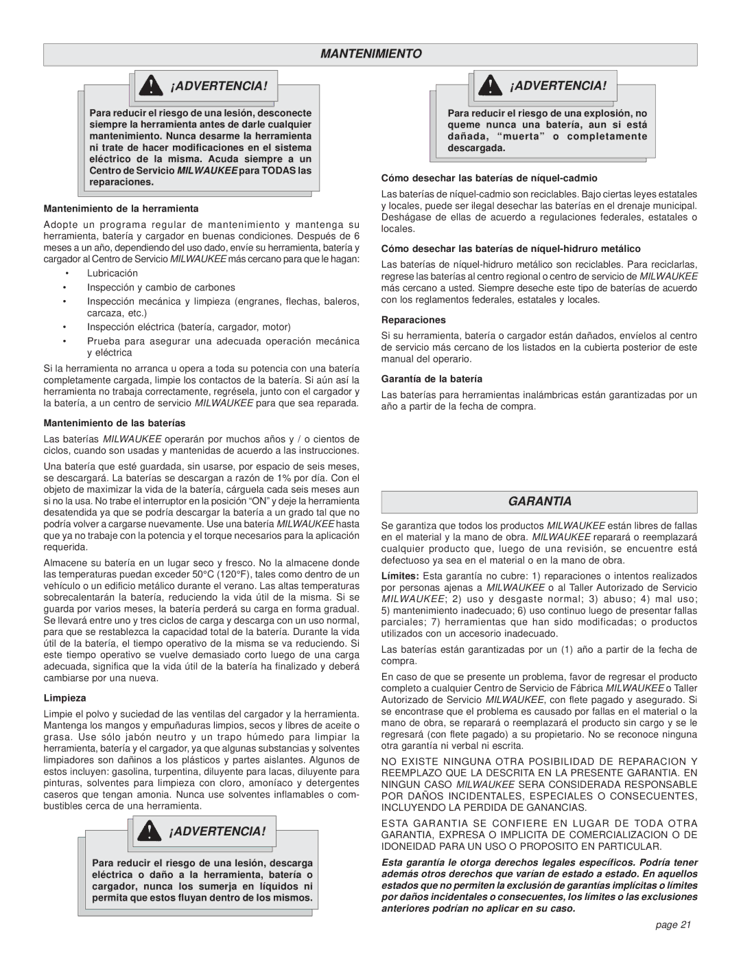 Milwaukee 0501-02 manual Mantenimiento ¡ADVERTENCIA, Garantia 