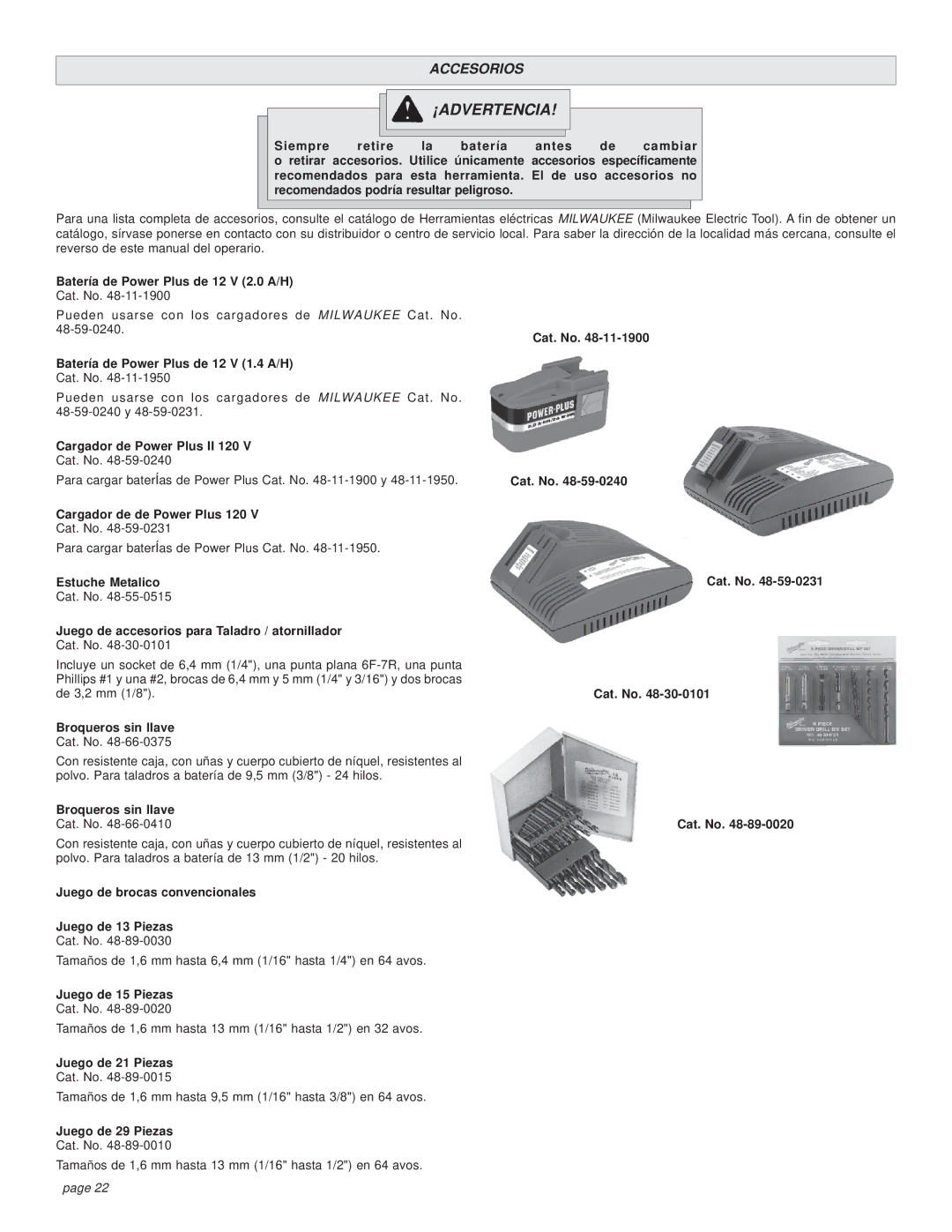 Milwaukee 0501-02 manual Siempre Retire Batería Antes Cambiar Retirar Accesorios, Únicamente, Cargador de Power Plus II 120 