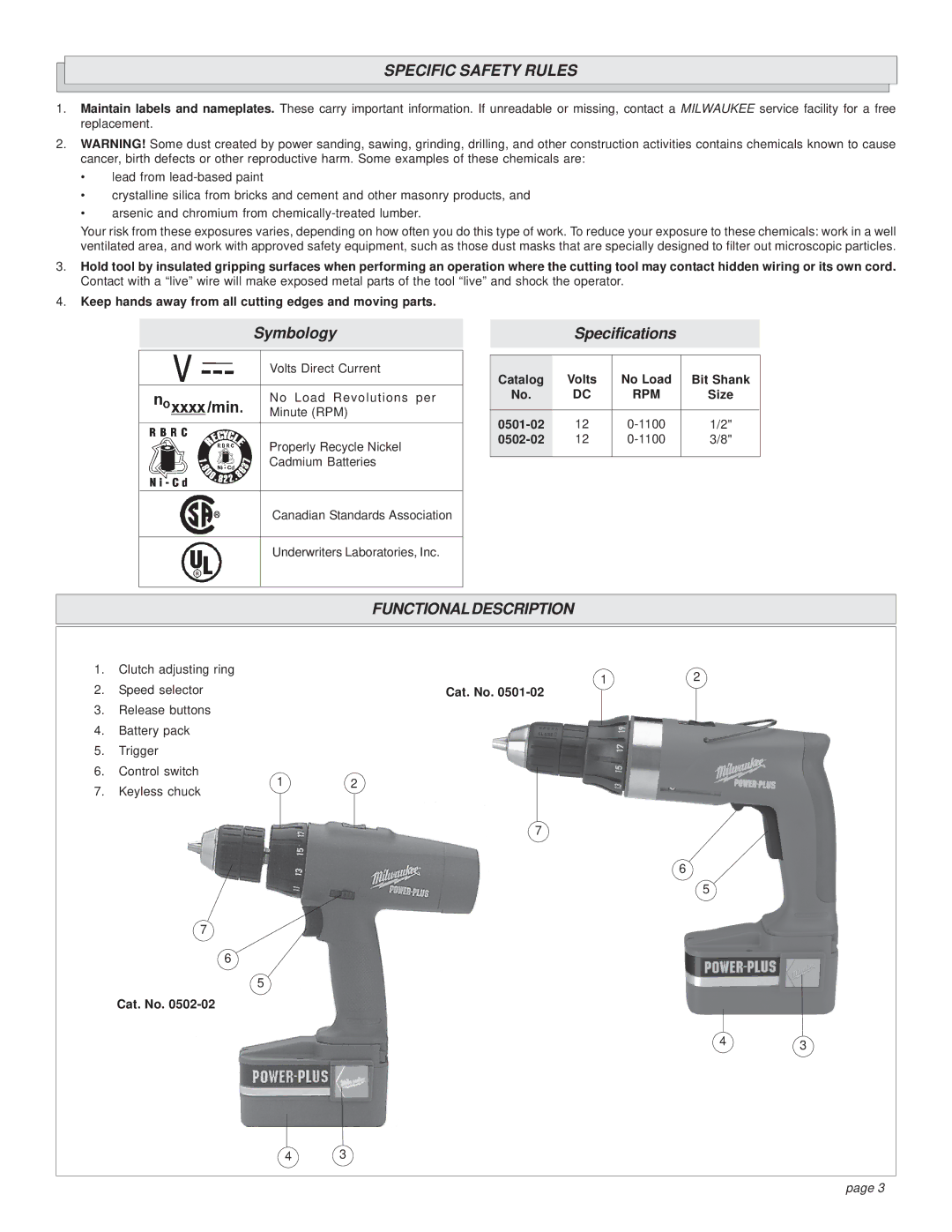 Milwaukee 0501-02 manual Specific Safety Rules, Functional Description 