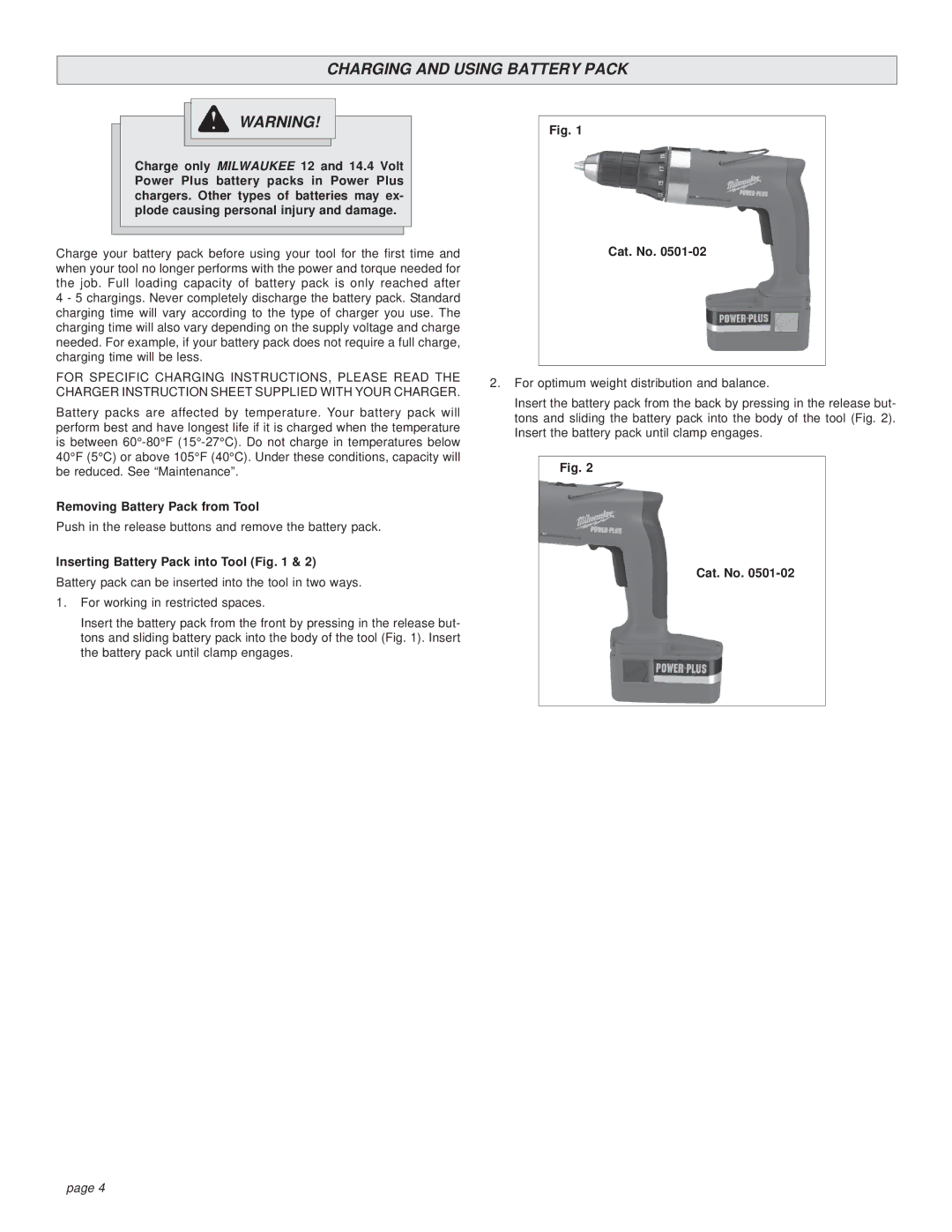 Milwaukee 0501-02 manual Charging and Using Battery Pack, Removing Battery Pack from Tool, Inserting Battery Pack into Tool 