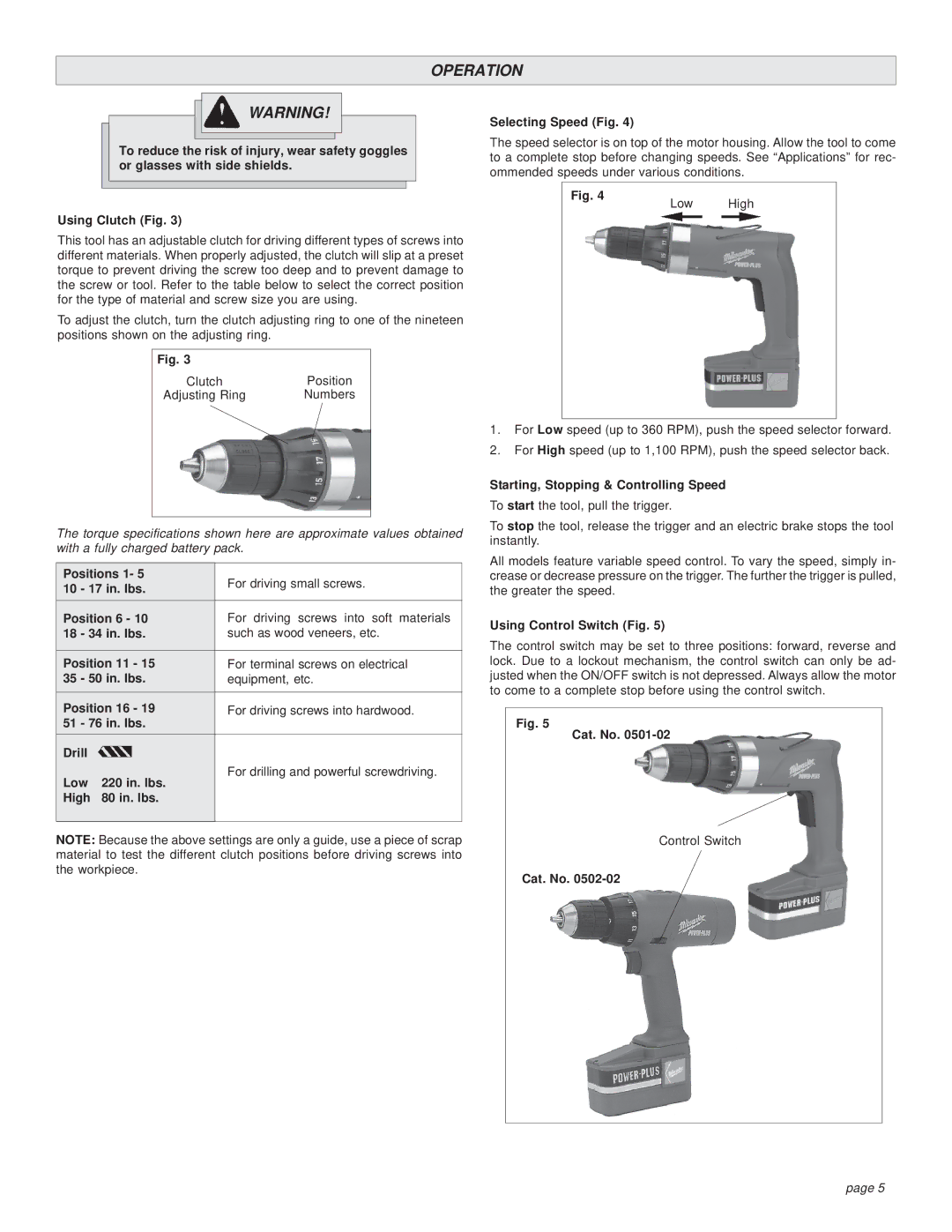 Milwaukee 0501-02 manual Operation, Using Clutch Fig, Starting, Stopping & Controlling Speed, Using Control Switch Fig 