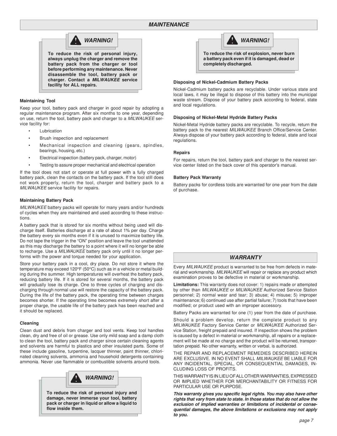 Milwaukee 0501-02 manual Maintenance, Warranty 