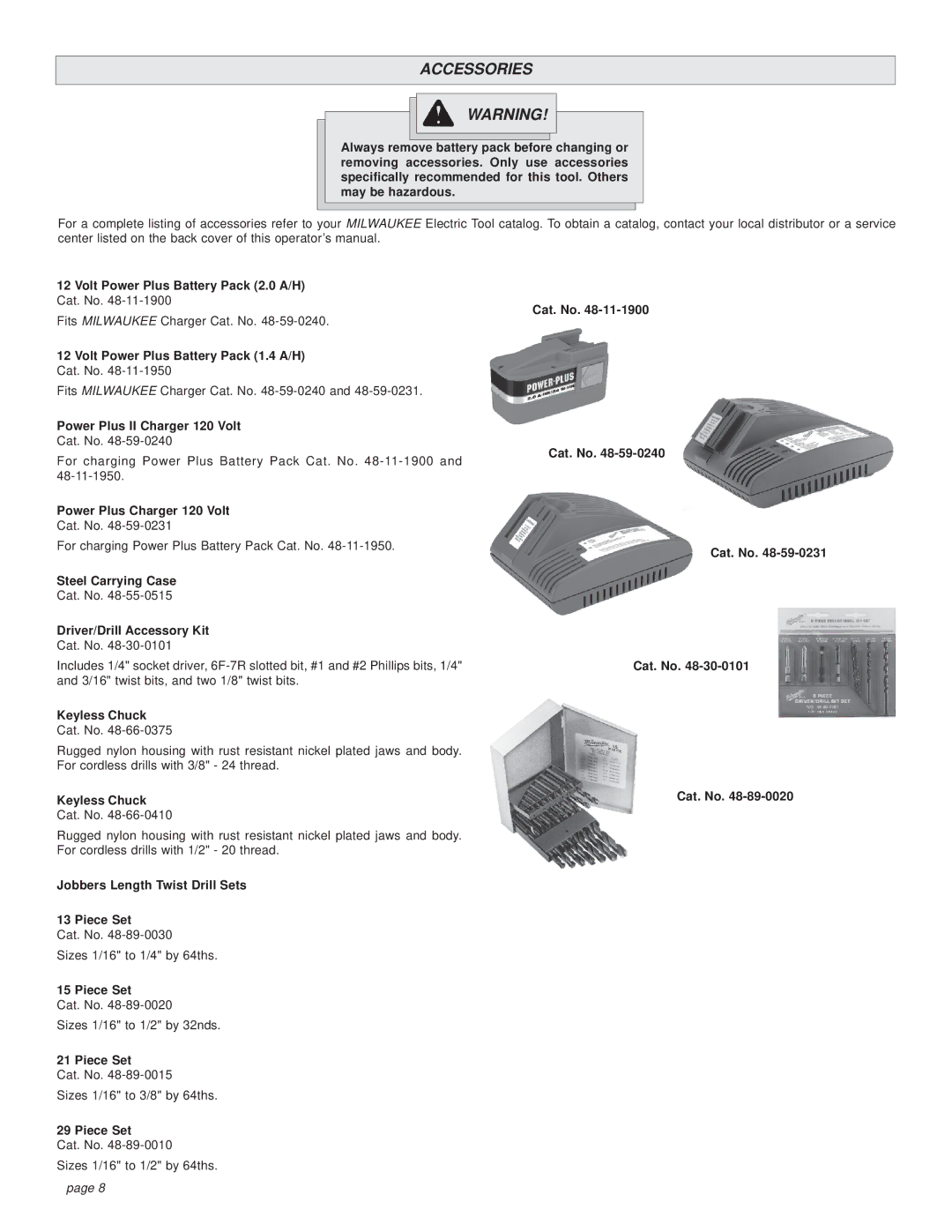 Milwaukee 0501-02 manual Accessories 