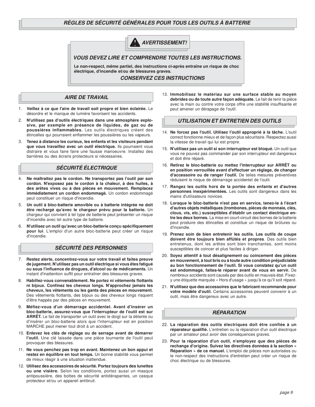 Milwaukee 0501-02 Conservez CES Instructions Aire DE Travail, Sécurité Électrique, Sécurité DES Personnes, Réparation 