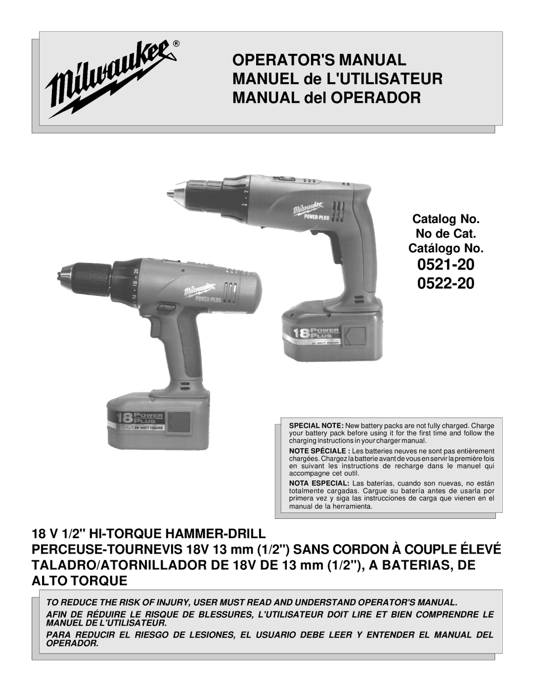 Milwaukee 0522-20, 0521-20 manual Operators Manual 