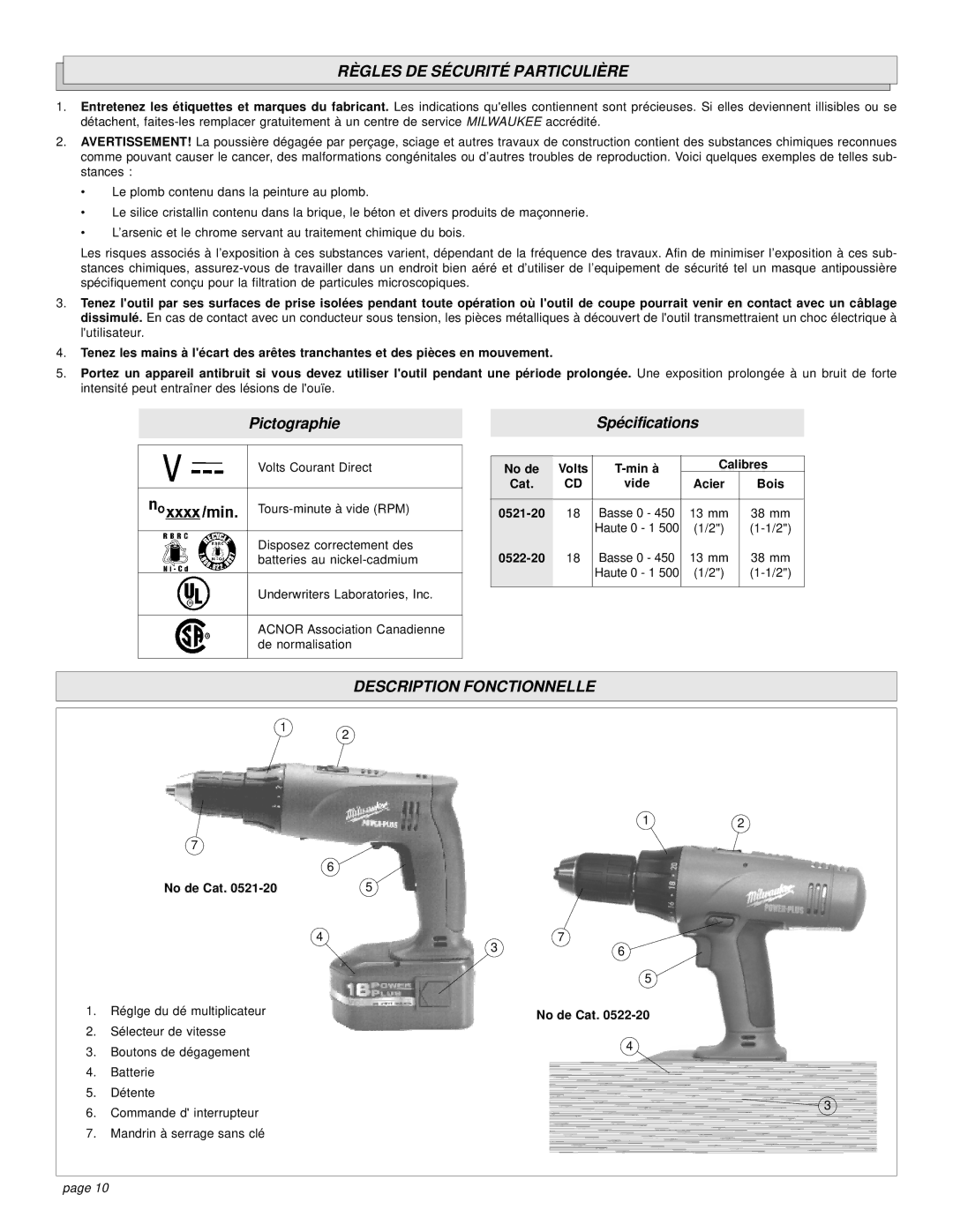 Milwaukee 0521-20, 0522-20 manual Règles DE Sécurité Particulière, Description Fonctionnelle 