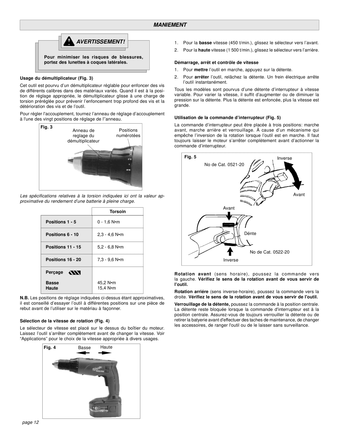 Milwaukee 0521-20, 0522-20 manual Maniement Avertissement, Torsoin, Sélection de la vitesse de rotation Fig 