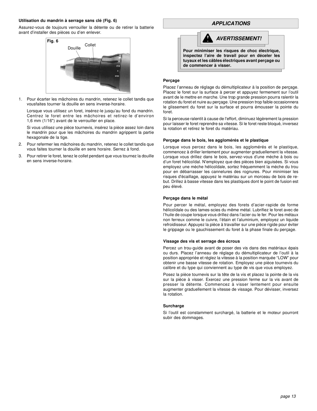 Milwaukee 0522-20, 0521-20 manual Applications Avertissement 