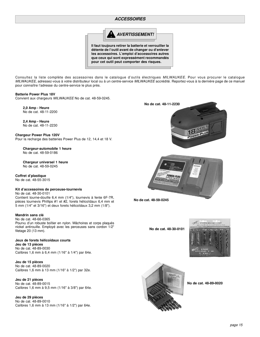 Milwaukee 0522-20, 0521-20 manual Accessoires Avertissement 