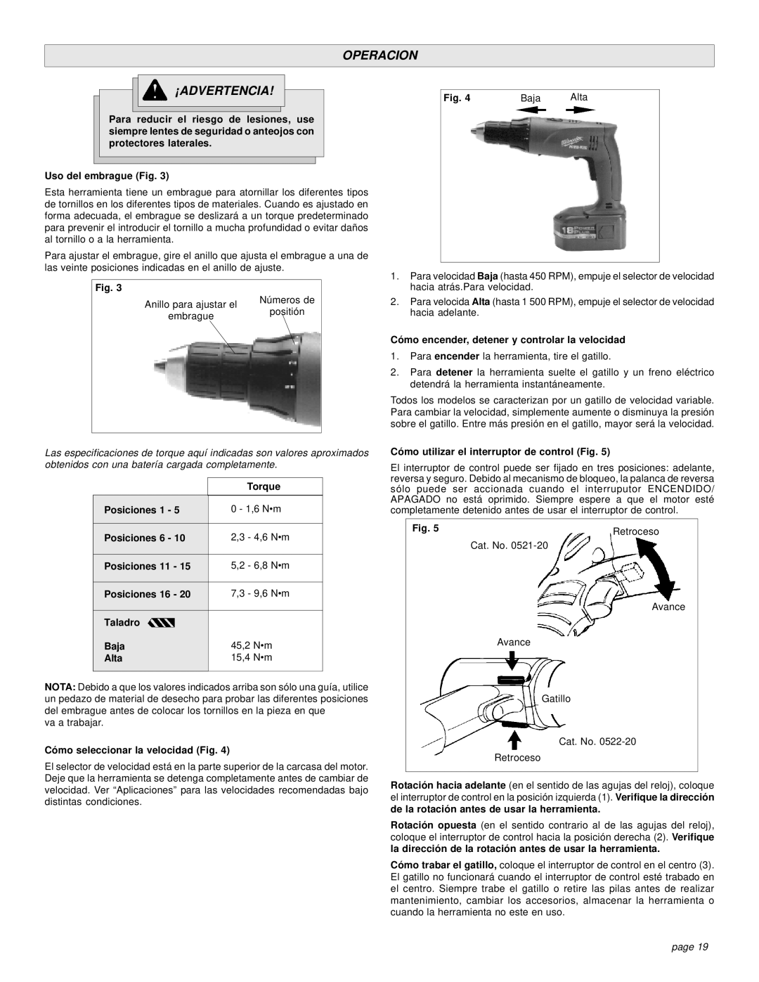 Milwaukee 0522-20, 0521-20 manual Operacion ¡ADVERTENCIA 