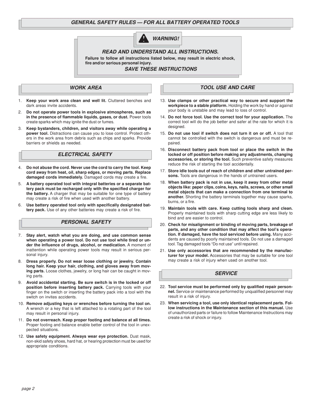 Milwaukee 0521-20, 0522-20 manual Work Area Tool USE and Care, Electrical Safety, Personal Safety, Service 
