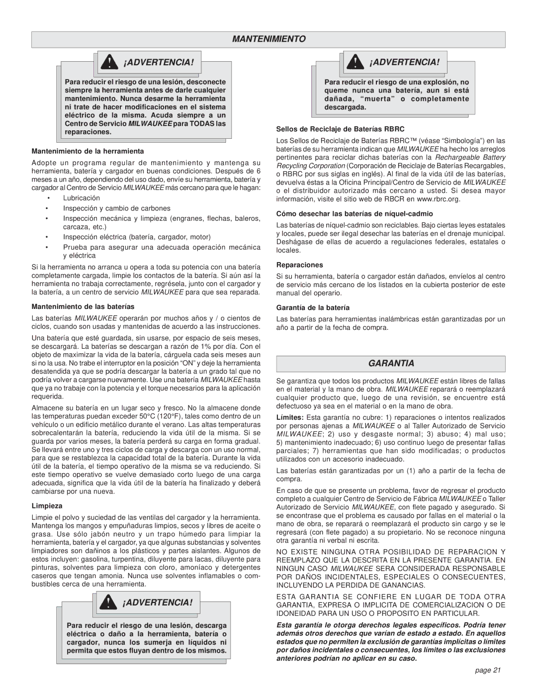 Milwaukee 0522-20, 0521-20 manual Mantenimiento ¡ADVERTENCIA, Garantia 