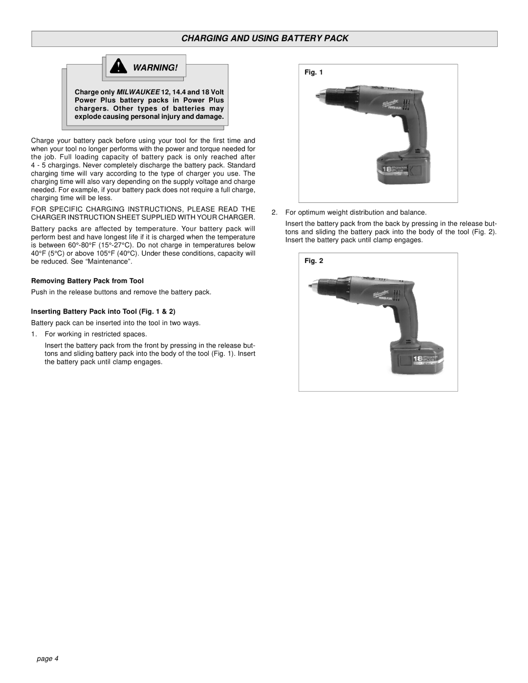 Milwaukee 0521-20 manual Charging and Using Battery Pack, Removing Battery Pack from Tool, Inserting Battery Pack into Tool 