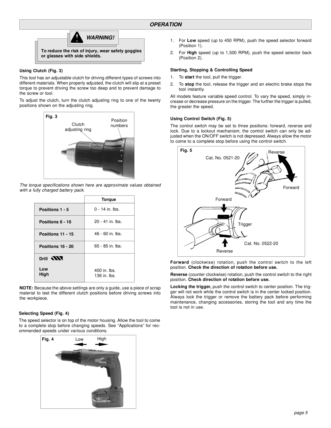 Milwaukee 0522-20, 0521-20 manual Operation, Torque, Starting, Stopping & Controlling Speed, Using Control Switch Fig 