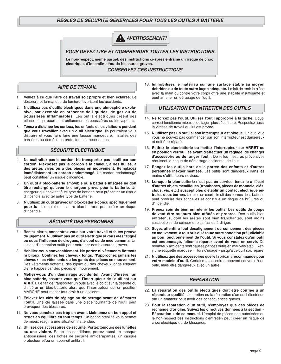 Milwaukee 0522-20 Conservez CES Instructions Aire DE Travail, Sécurité Électrique, Sécurité DES Personnes, Réparation 