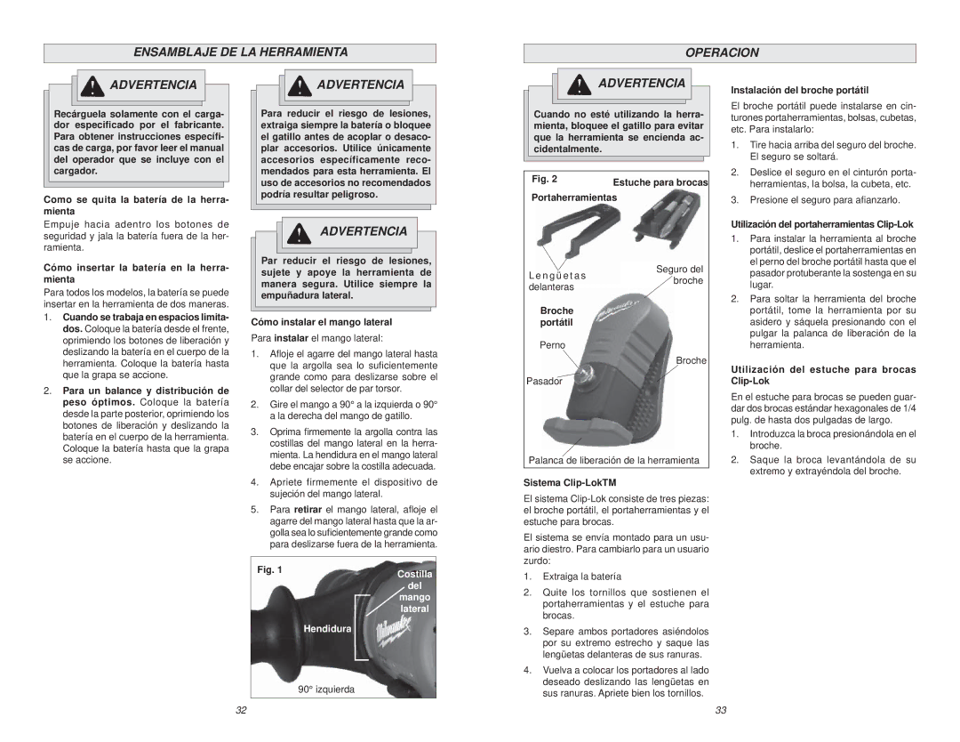 Milwaukee 0615-20 manual Ensamblaje DE LA Herramienta Operacion Advertencia 