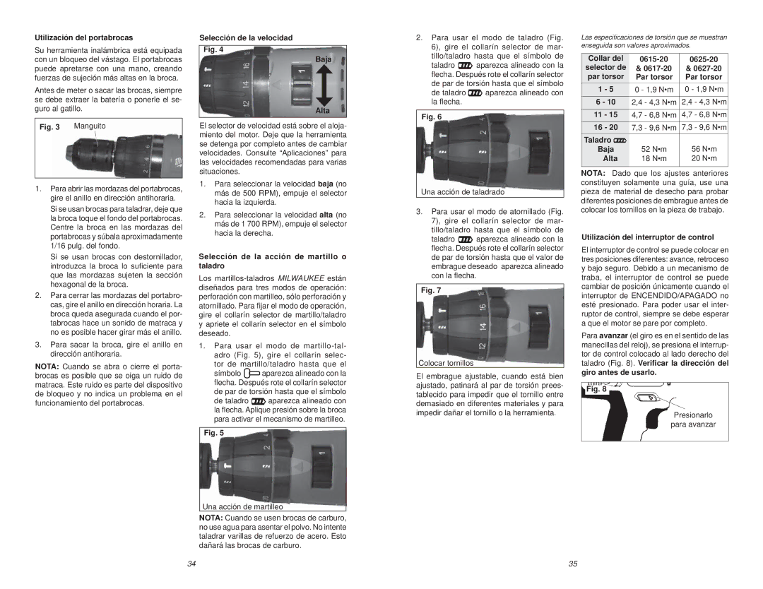 Milwaukee manual Utilización del portabrocas, Selección de la velocidad Baja Alta, Collar del 0615-20 0625-20 